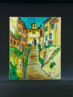 Beau tableau moderne vue de Cordes-sur-Ciel signé Hubert Hujac Toulouse 1972 - Miniature 2