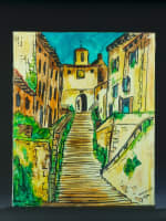 Beau tableau moderne vue de Cordes-sur-Ciel signé Hubert Hujac Toulouse 1972 - Miniature 3