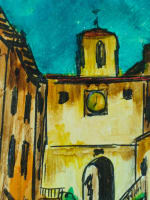 Beau tableau moderne vue de Cordes-sur-Ciel signé Hubert Hujac Toulouse 1972 - Miniature 5