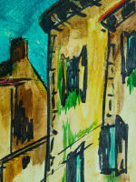 Beau tableau moderne vue de Cordes-sur-Ciel signé Hubert Hujac Toulouse 1972 - Miniature 7