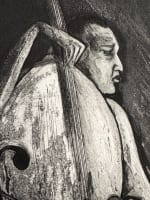 Gravure moderne portrait de musicien contre basse archet signé Oudin Xylon EA - Miniature 1