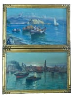 Beau tableau ancien marine Naples bateaux Castel dell'Ovo Vésuve Scognamiglio x2 - Miniature 1