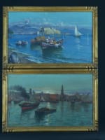 Beau tableau ancien marine Naples bateaux Castel dell'Ovo Vésuve Scognamiglio x2 - Miniature 2