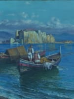 Beau tableau ancien marine Naples bateaux Castel dell'Ovo Vésuve Scognamiglio x2 - Miniature 3