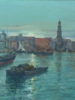 Beau tableau ancien marine Naples bateaux Castel dell'Ovo Vésuve Scognamiglio x2 - Miniature 4