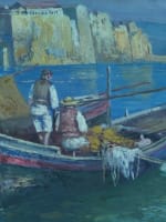 Beau tableau ancien marine Naples bateaux Castel dell'Ovo Vésuve Scognamiglio x2 - Miniature 7