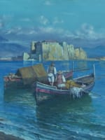 Beau tableau ancien marine Naples bateaux Castel dell'Ovo Vésuve Scognamiglio x2 - Miniature 14