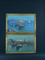 Beau tableau ancien marine Naples bateaux Castel dell'Ovo Vésuve Scognamiglio x2 - Miniature 17