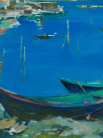 Grand tableau marine étang de Thau Sète bateau Pointe Courte Amanda Bonnieu XXe - Miniature 4