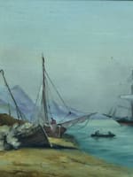 Tableau ancien HST marine paysage animé retour de pêche Bretagne signé J Vallet - Miniature 3