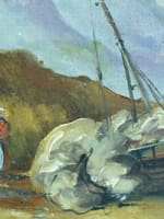 Tableau ancien HST marine paysage animé retour de pêche Bretagne signé J Vallet - Miniature 5