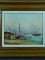 Tableau ancien HST marine paysage animé retour de pêche Bretagne signé J Vallet - Miniature 9