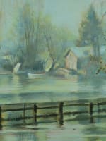 Ancien tableau bord de rivière post impressionniste signé brume matinale Somme - Miniature 4