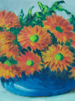 Ancien tableau nature morte au bouquet de fleurs signé Douzon vase bleu 1950 - Miniature 1