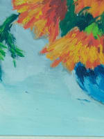 Ancien tableau nature morte au bouquet de fleurs signé Douzon vase bleu 1950 - Miniature 5