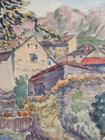 Ancienne aquarelle école pyrénéenne vue de village Ax-les-Thermes 1920 montagne - Miniature 3