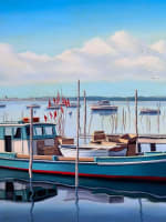 Ancien tableau marine bateaux amarrés ponton Le Cap Ferret signé HST - Miniature 1