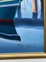 Ancien tableau marine bateaux amarrés ponton Le Cap Ferret signé HST - Miniature 2