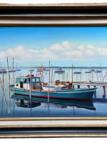 Ancien tableau marine bateaux amarrés ponton Le Cap Ferret signé HST - Miniature 3