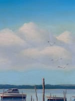 Ancien tableau marine bateaux amarrés ponton Le Cap Ferret signé HST - Miniature 4