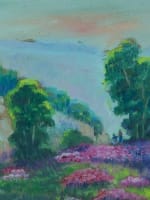 Ancien tableau signé C De Crépy paysage aux bruyères genêts promeneur art déco - Miniature 1