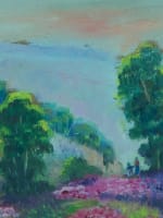 Ancien tableau signé C De Crépy paysage aux bruyères genêts promeneur art déco - Miniature 3