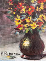 Ancien tableau huile sur toile signé P Ribera, nature morte bouquet de fleurs - Miniature 1