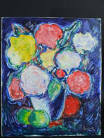 Beau tableau ancien Armand Bouvier bouquet de fleurs nature morte ent. Dufy cadre - Miniature 5