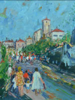 Tableau ancien paysage animé vue de village drapeaux tricolore Normandie Raumann - Miniature 1