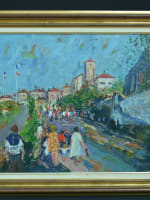 Tableau ancien paysage animé vue de village drapeaux tricolore Normandie Raumann - Miniature 2