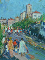 Tableau ancien paysage animé vue de village drapeaux tricolore Normandie Raumann - Miniature 3