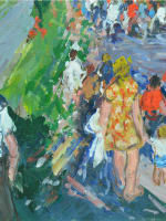 Tableau ancien paysage animé vue de village drapeaux tricolore Normandie Raumann - Miniature 7