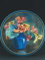 Ancien tableau aquarelle Herzig art déco bouquet de fleur pensées vase tondo - Miniature 1