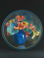 Ancien tableau aquarelle Herzig art déco bouquet de fleur pensées vase tondo - Miniature 2