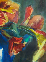 Ancien tableau aquarelle Herzig art déco bouquet de fleur pensées vase tondo - Miniature 5