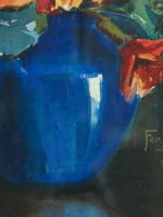 Ancien tableau aquarelle Herzig art déco bouquet de fleur pensées vase tondo - Miniature 7