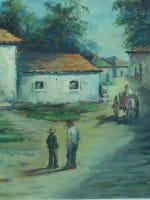 Tableau ancien école portugaise Lisbonne scène animée village Lucília DE BRITO - Miniature 1