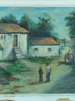 Tableau ancien école portugaise Lisbonne scène animée village Lucília DE BRITO - Miniature 3