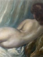 Beau tableau ancien portrait nue jeune femme dos sofa art déco Cardinal huile - Miniature 1