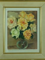 Ancien tableau Toulouse Amanda Bonnieu nature bouquet de roses vase signé 1950 - Miniature 3
