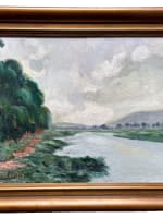 Beau tableau ancien paysage vue de rivière ciel impressionniste Louis Clesse - Miniature 10