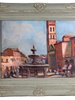 Tableau ancien paysage fontaine romaine ville animée Rome été Marcel Bertoin - Miniature 1