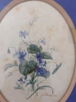 Ancien tableau aquarelle botanique XIXe encadrée signée J Planès violettes 1865 - Miniature 2
