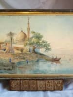 Tableau ancien orientaliste aquarelle bord du Nil mosquée Égypte Louis Crapelet - Miniature 2