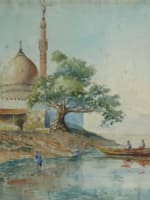 Tableau ancien orientaliste aquarelle bord du Nil mosquée Égypte Louis Crapelet - Miniature 3