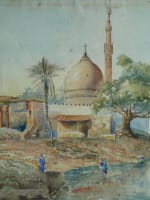Tableau ancien orientaliste aquarelle bord du Nil mosquée Égypte Louis Crapelet - Miniature 4