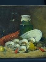 Ancien tableau nature morte huître homard bocal verre cuisine Alfred de Neuville - Miniature 7