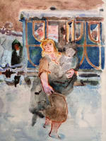 Ancien dessin femme et enfant train bleu illustration Jean Terles Art déco - Miniature 1