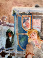 Ancien dessin femme et enfant train bleu illustration Jean Terles Art déco - Miniature 2