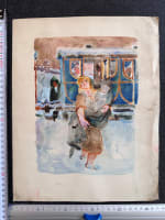 Ancien dessin femme et enfant train bleu illustration Jean Terles Art déco - Miniature 5